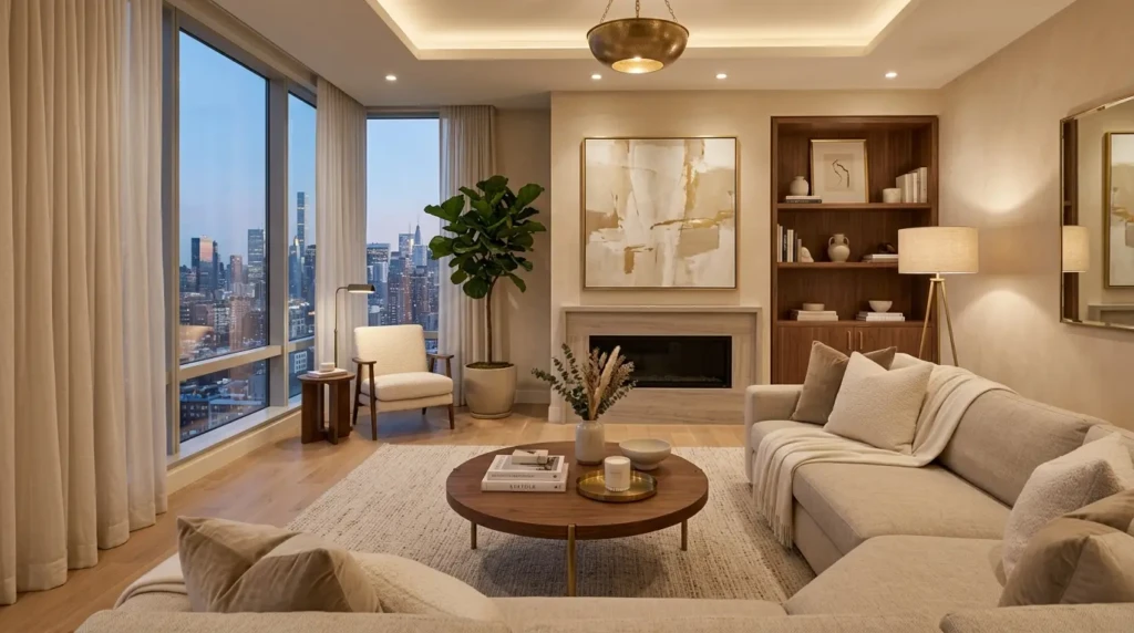 Elegant apartment living room with neutral tones, brass accents, walnut furniture, and a soft luxurious atmosphere.