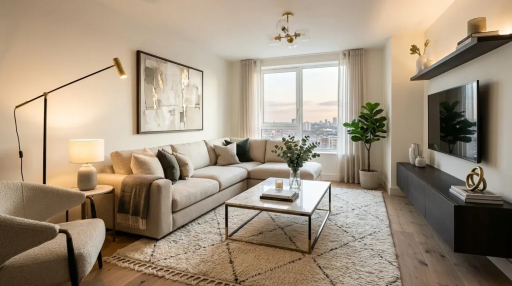 Modern apartment living room featuring a sleek sofa, marble coffee table, warm layered lighting, and a textured rug.