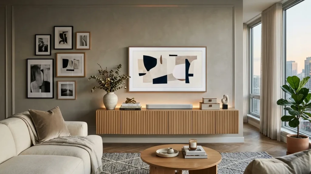 Sophisticated TV stand decor in a modern apartment living room with fluted wood console, framed art, and decorative accents.