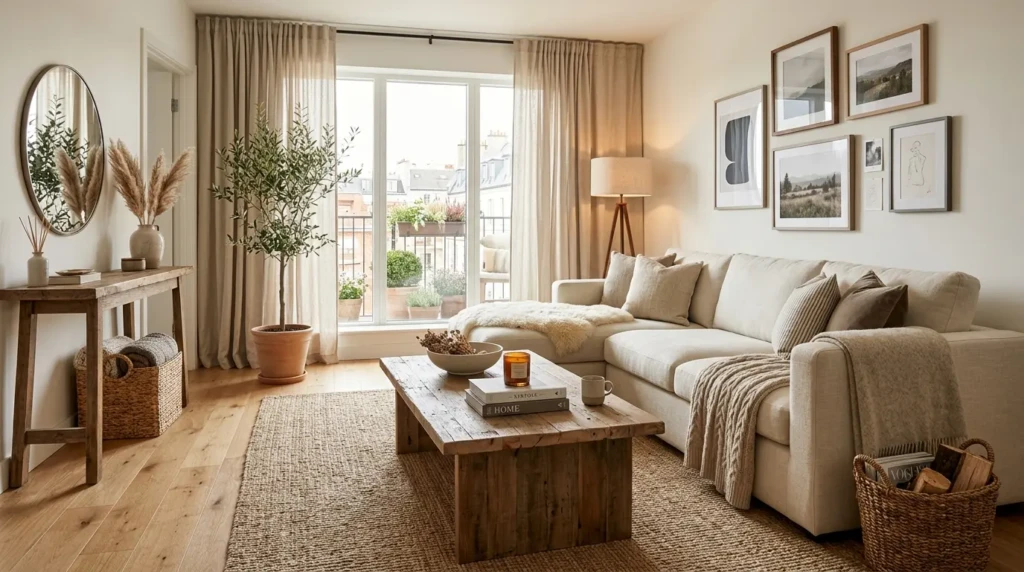 Apartment living room blending farmhouse decor touches like reclaimed wood, knit throws, and woven baskets with modern elegance.