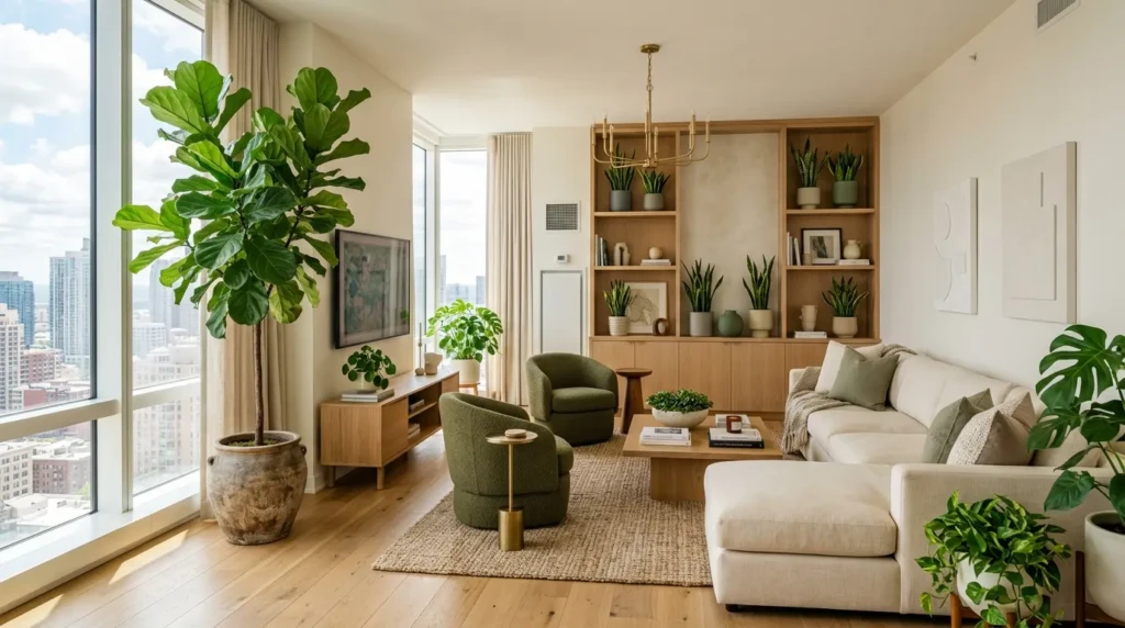 Elegant apartment living room styled with fiddle leaf fig, snake plants, ceramic planters, and neutral furniture.