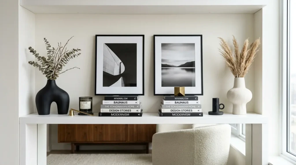 Minimal living room shelf decor with sculptural vase, framed photography, candle, and stacked books in a luxury apartment.