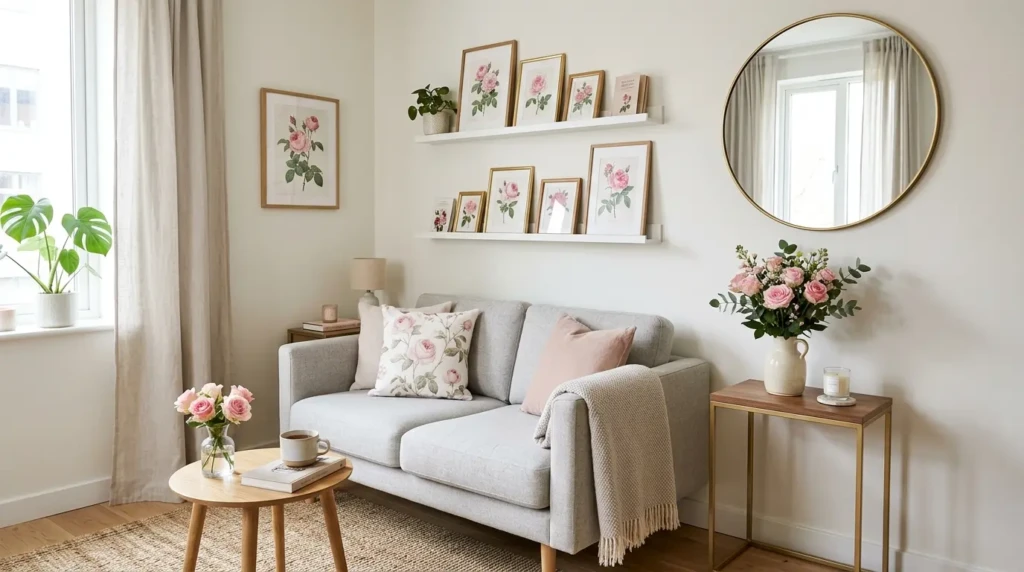Living room decor apartment featuring compact furniture, pink roses in a slim vase, floating shelves, and mirror styling for a bright small space.