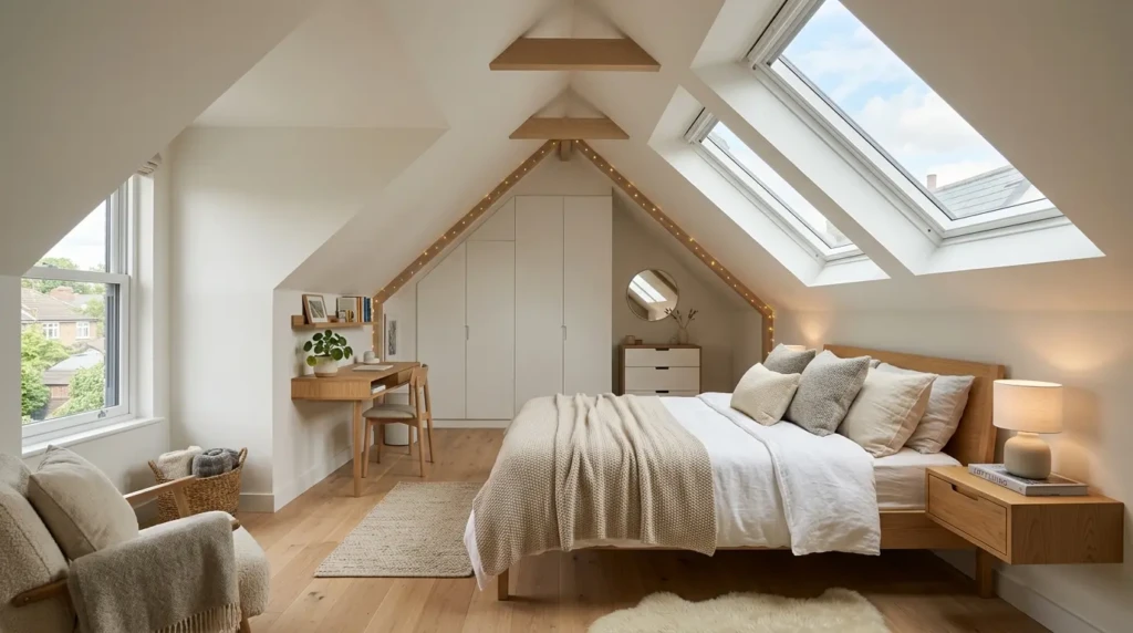 Cozy attic bedroom with angled ceilings, skylight, neutral walls, oak flooring, and modern bedding.