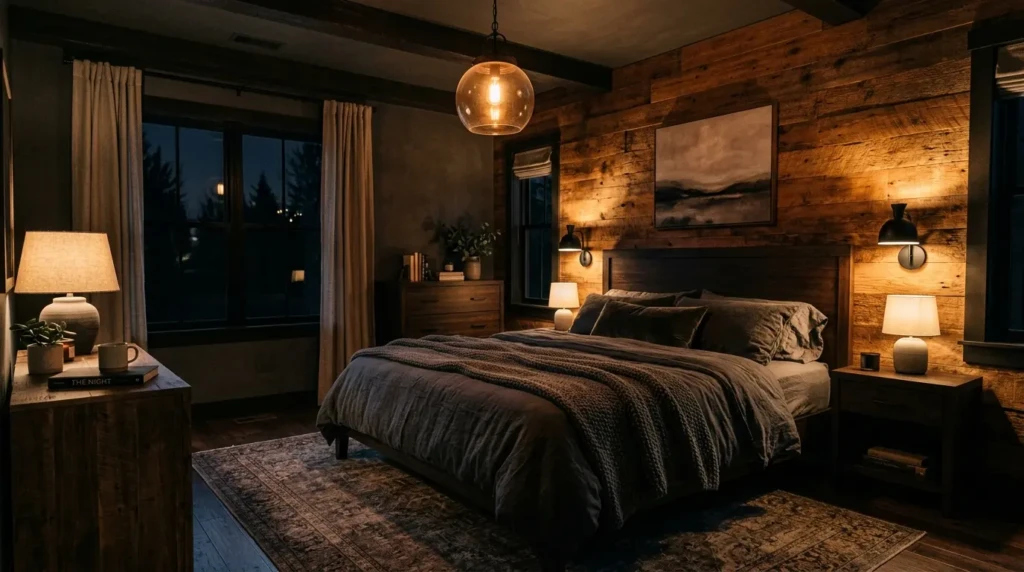 Rustic modern bedroom illuminated by matte black sconces, pendant light, and soft bedside lamp glow.