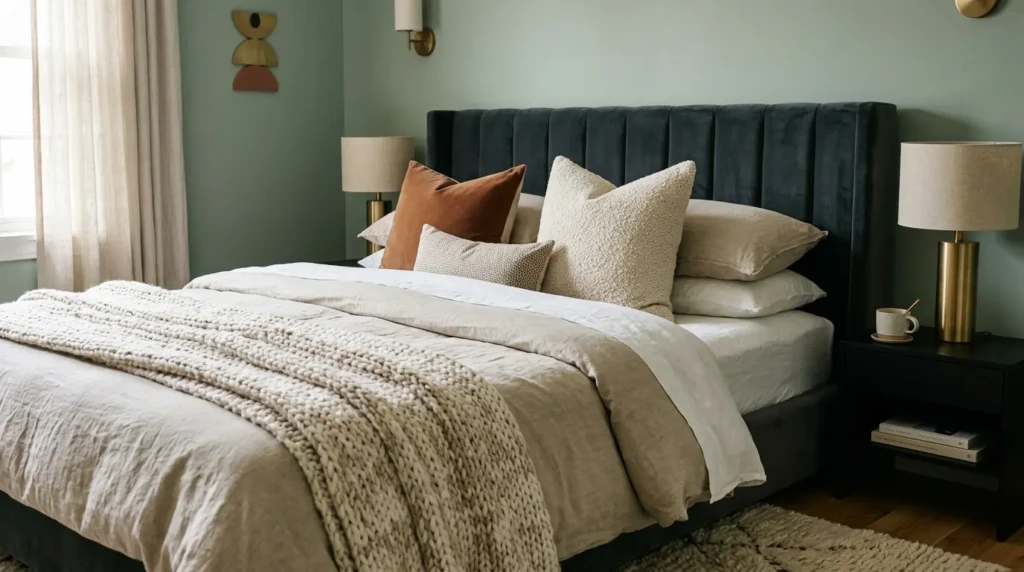 Close-up of layered bedding, boucle cushions, wool rug, and velvet headboard.