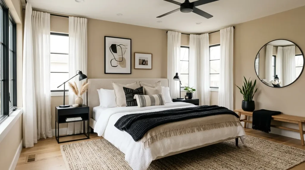 Modern bedroom showing balanced bedroom colour palette with neutral base and accent tones