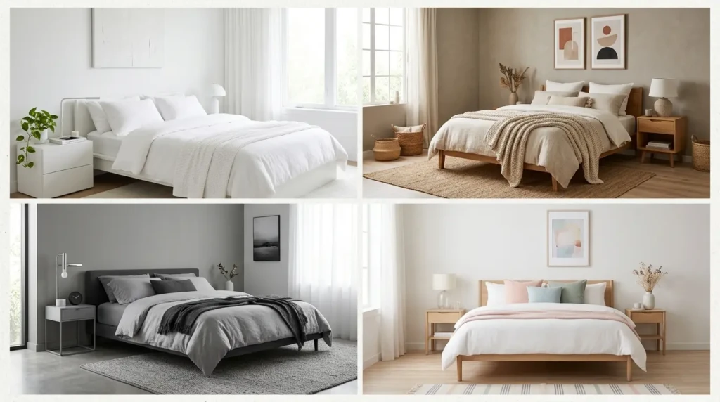 A collection of minimalist bedrooms featuring white, beige, gray, and pastel color schemes in modern interior design