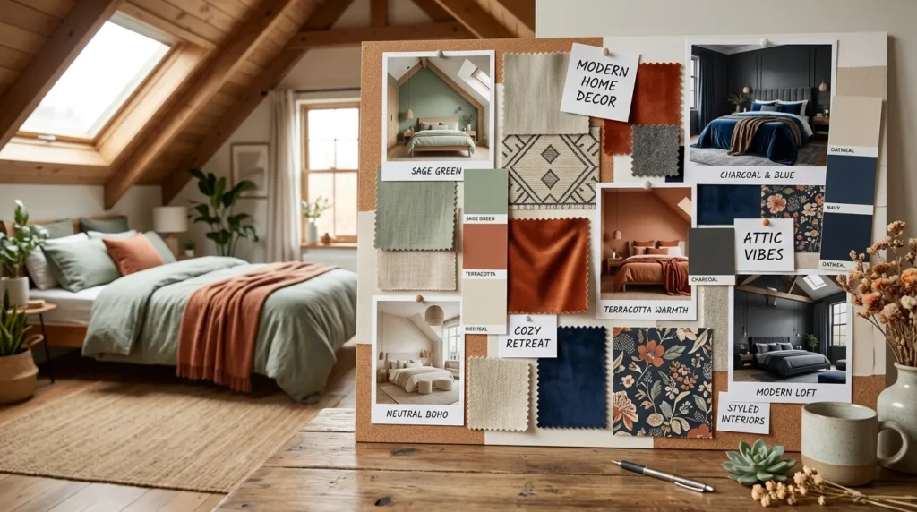 Collection of modern bedroom colour themes including neutral, blue, sage, terracotta, charcoal, and attic styles.