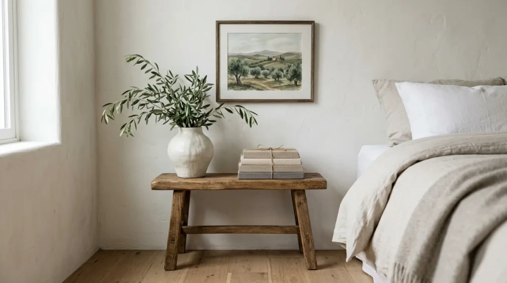 Bedroom corner with ceramic vase, framed landscape art, olive branches, and vintage wooden stool.