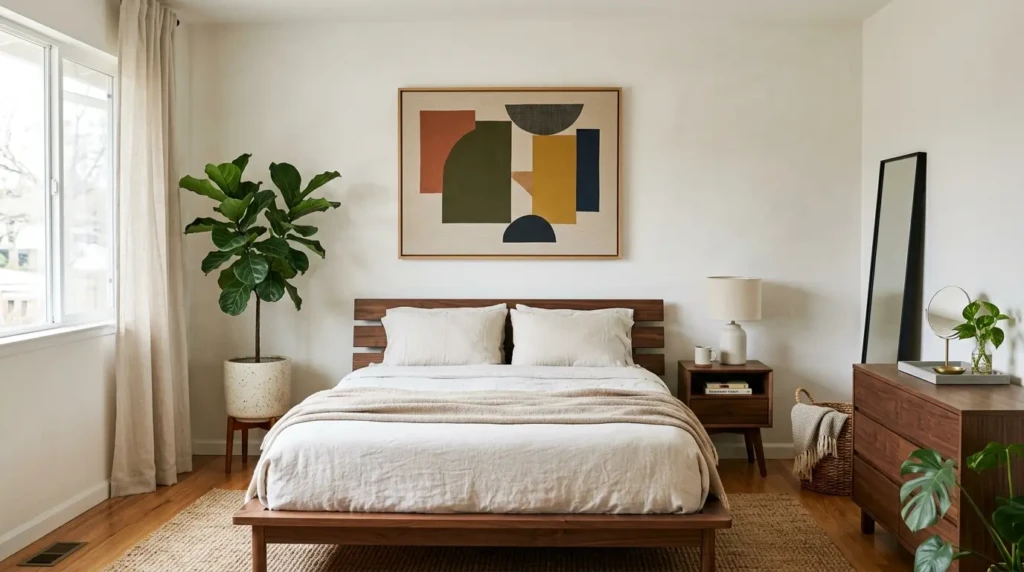Minimalist bedroom decor featuring abstract wall art, indoor plants, and simple decorative accents