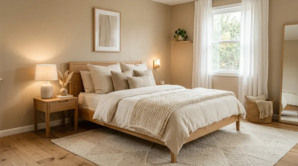 Bedroom with beige walls, cream bedding and wooden furniture showing warm neutral bedroom colour palette