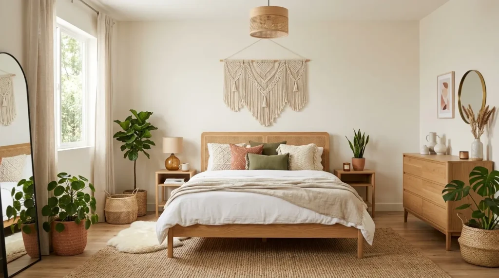 A modern boho bedroom combining minimalist furniture with eclectic bohemian decor and natural textures