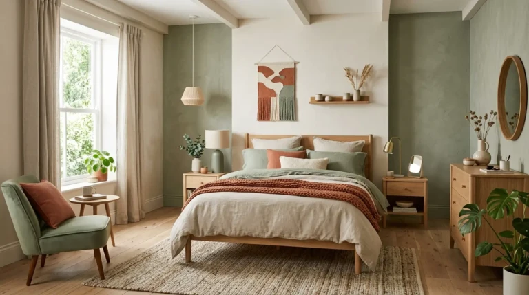 guest bedroom with neutral base and soft color accents, layered textures and decor