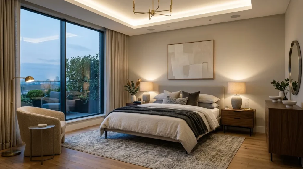Balanced modern bedroom interior with sleek furniture, warm textures, layered lighting, and a peaceful luxury feel.
