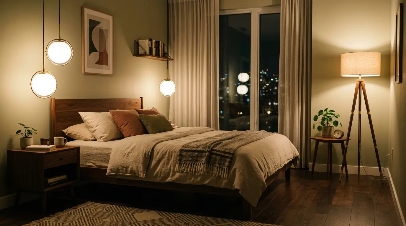Mid century modern bedroom with warm ambient lighting from pendant lights and stylish bedside lamps