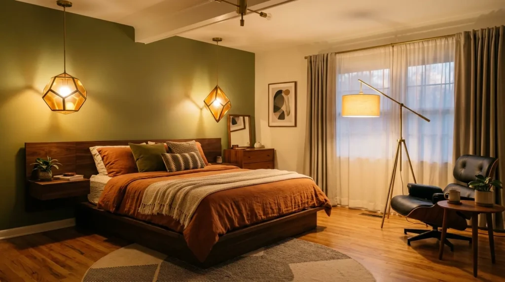 Minimal wooden dressing table with round mirror in a modern mid century bedroom