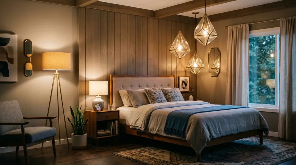 Bedroom with geometric pendant lights and warm ambient lighting in mid century modern style
