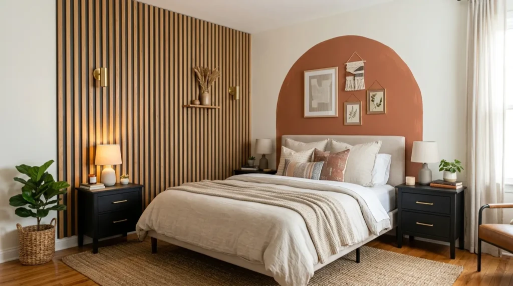 DIY modern bedroom with wood slat wall, painted arch, upcycled furniture, and stylish neutral decor