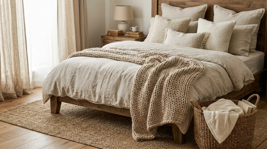 Layered linen bedding, knit throw blanket, boucle pillows, and woven jute rug in a rustic modern bedroom.