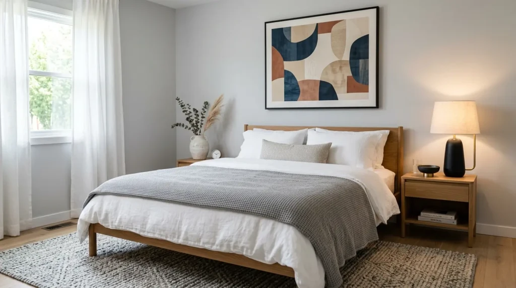 Modern bedroom featuring abstract wall art, ceramic decor, sculptural lamp, and a textured rug.