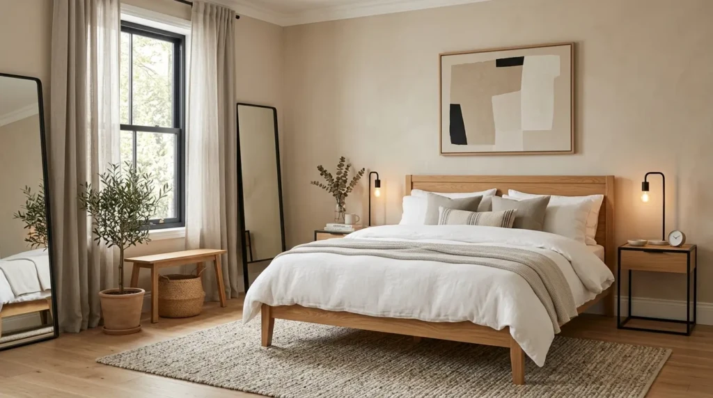 Modern bedroom with beige walls, oak furniture, white bedding, and warm neutral decor accents.