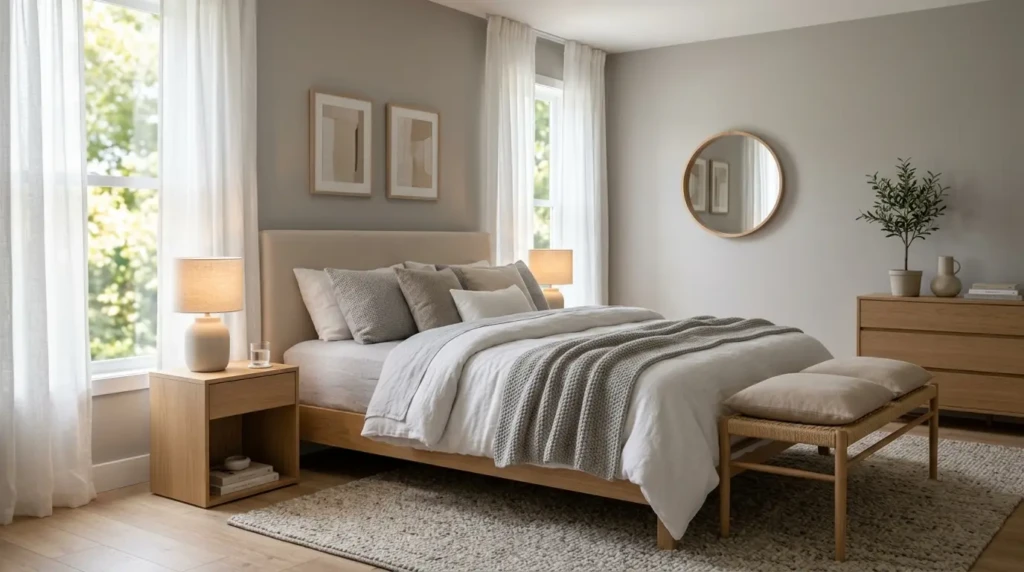 Relaxing modern bedroom with soft colours and natural light demonstrating importance of bedroom colour schemes