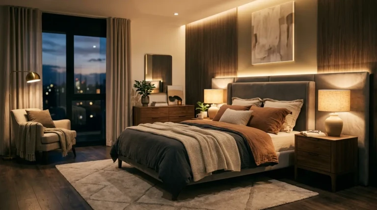 Bedroom with ambient and bedside lighting creating warm and cozy modern interior