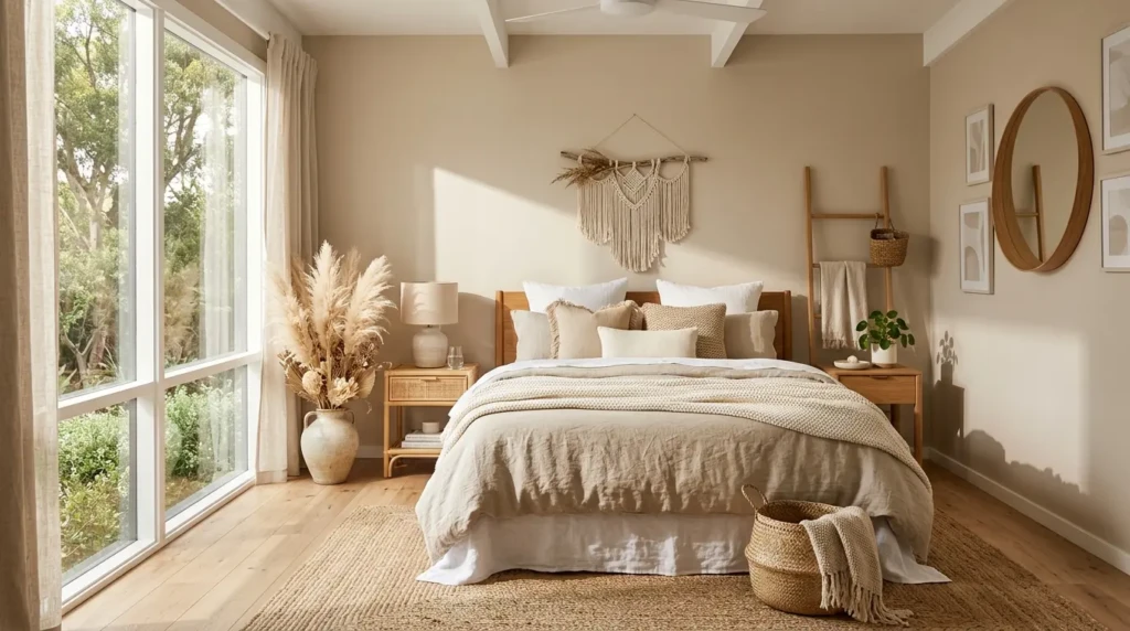A serene modern boho bedroom with neutral bedding, warm wood accents, woven textures, and soft natural light.