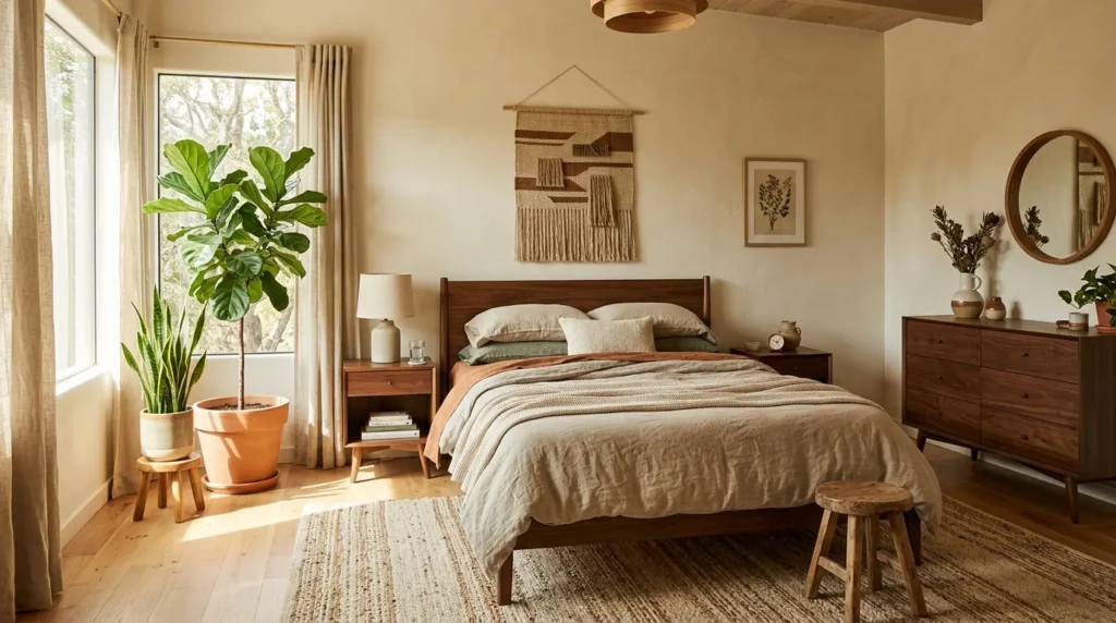 Bedroom with wooden furniture, linen bedding, and indoor plants in a calm modern setting