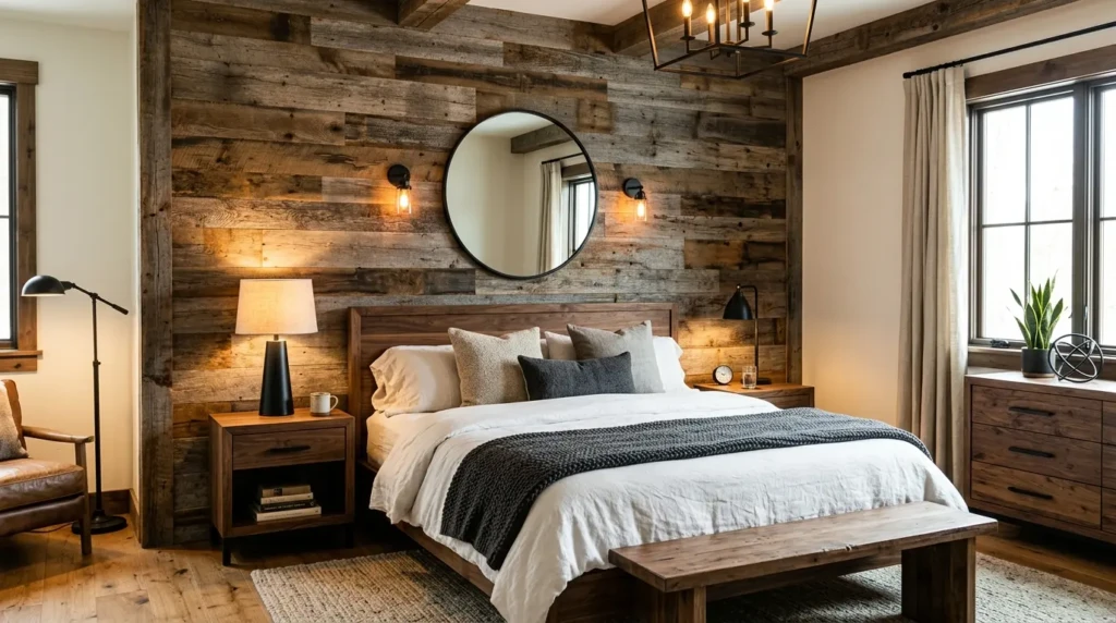 Bedroom featuring reclaimed wood wall paneling, walnut furniture, white bedding, and warm lighting.