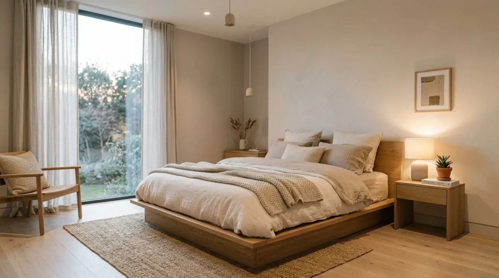 A simple modern bedroom with neutral tones, cozy bedding, warm lighting, and clean contemporary styling.