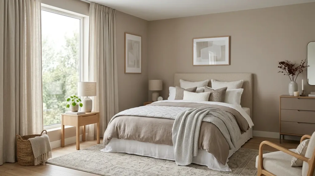 Modern bedroom in beige, white, and gray tones with soft layered bedding and a calm minimalist atmosphere.