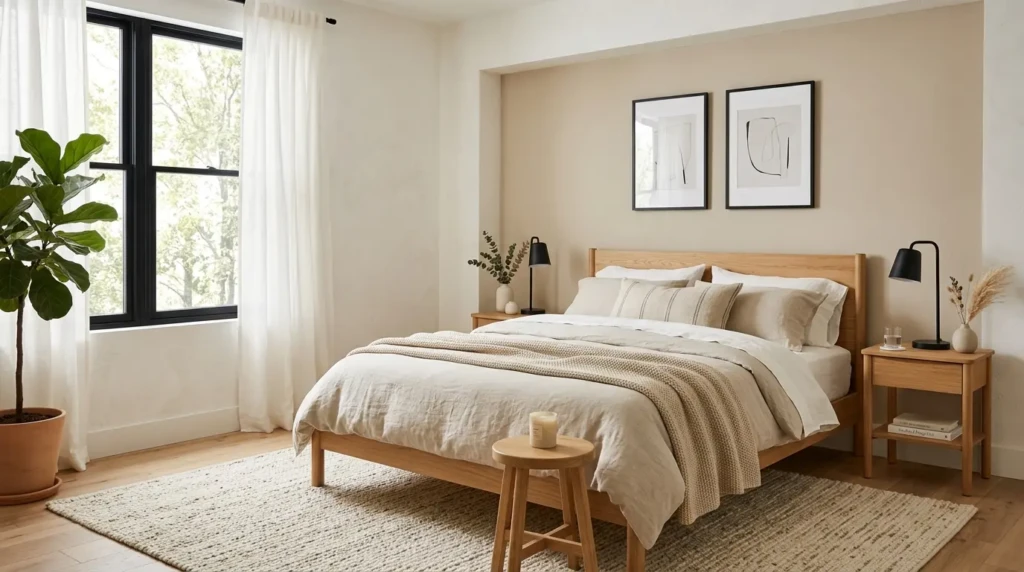 Warm white and beige modern bedroom with oak furniture and minimalist styling.