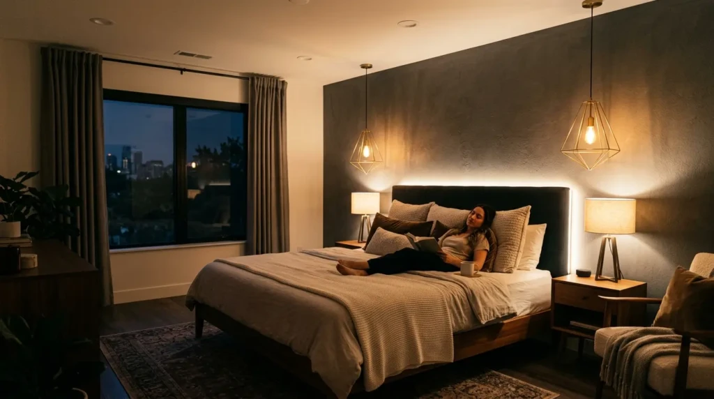 Contemporary bedroom with pendant lights, bedside lamps, recessed ceiling lights, and warm LED accent lighting.