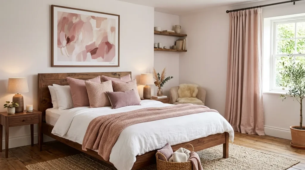 Rustic modern bedroom with dusty pink pillows, blush throw, walnut wood bed, and soft white bedding.