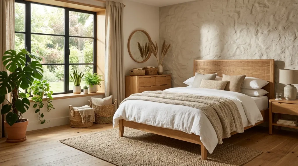 Contemporary bedroom with indoor plants, oak furniture, woven baskets, and warm natural sunlight.