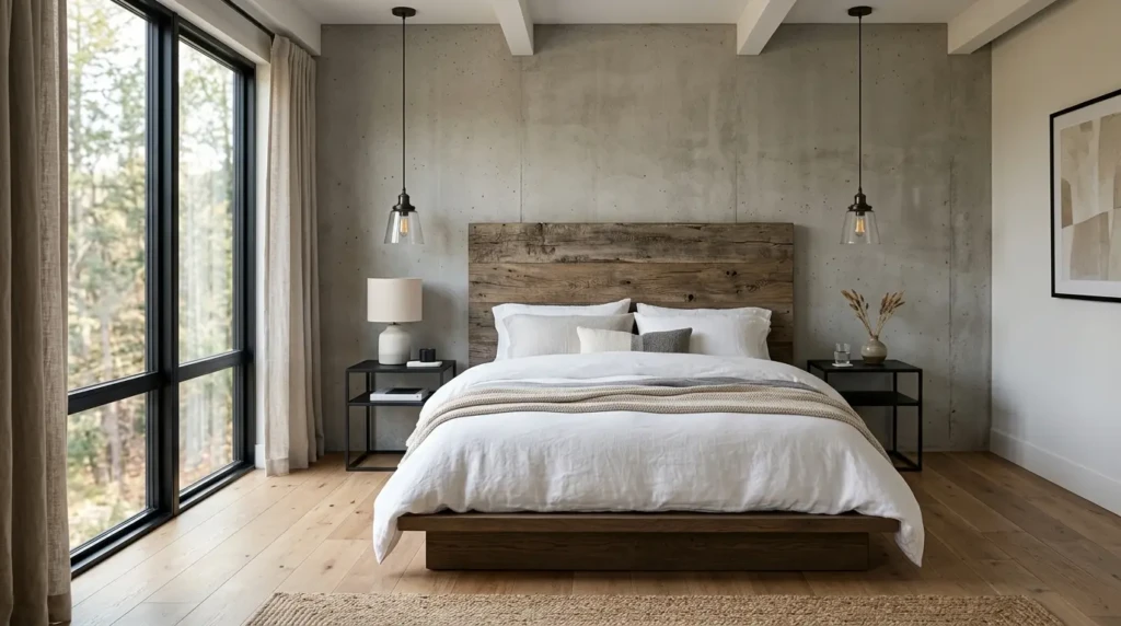 Low platform bed with reclaimed wood headboard, black nightstands, and minimalist modern rustic styling.