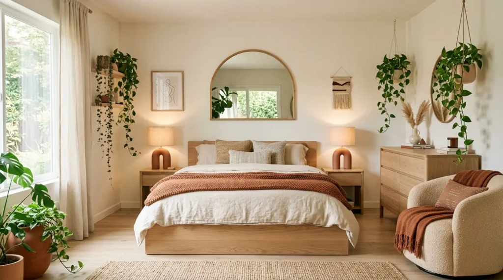 A sleek platform bed paired with curved lamps, arched mirror, and natural wood furniture in a modern boho bedroom.