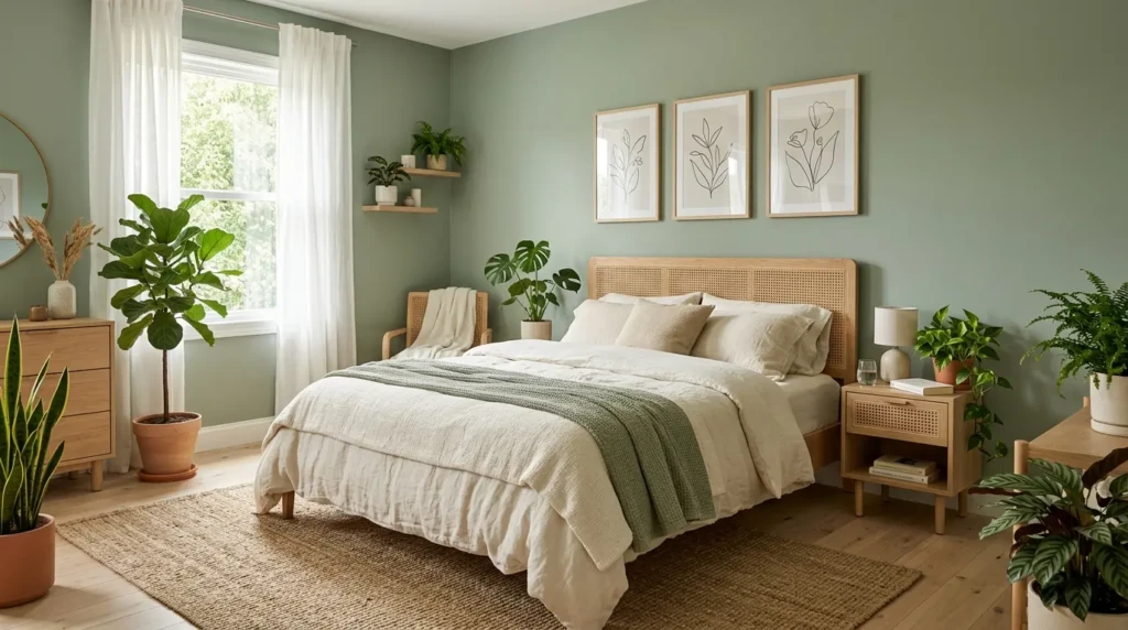 Peaceful modern bedroom with sage green walls, cream bedding, indoor plants, and light wood flooring.