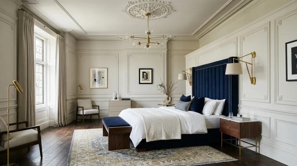 Bedroom featuring Victorian-style wall paneling, ceiling details, sleek bedside tables, and brass sconces.