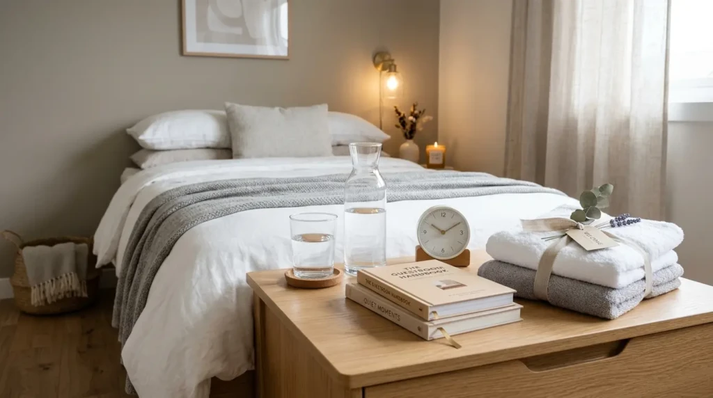 bedside table with water, books and decor in a modern guest bedroom setup