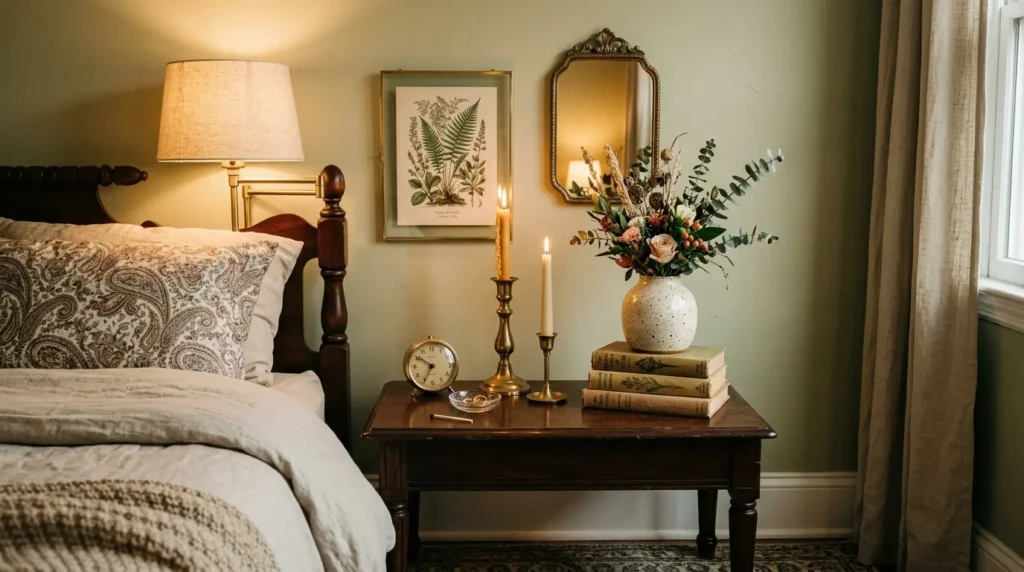 Brass candlesticks, botanical wall art, ceramic vase, books, and decorative mirror on bedside table.