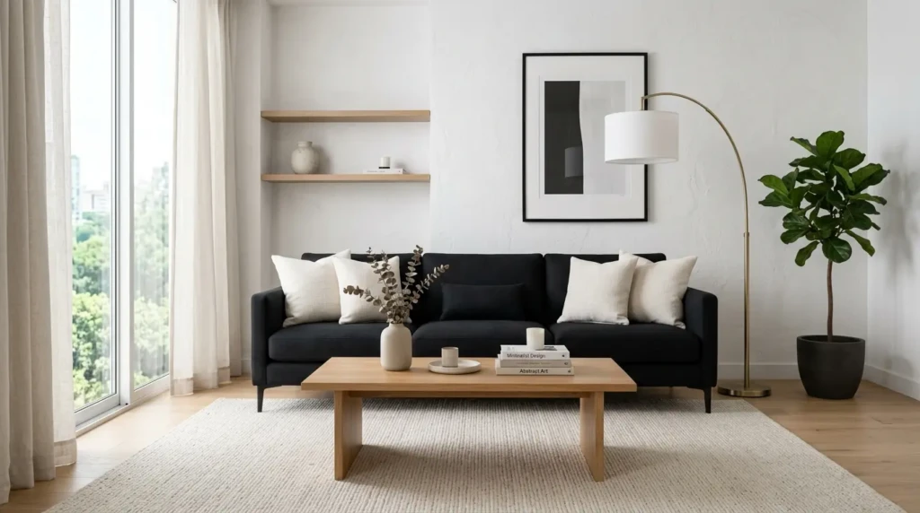 Elegant minimalist living room with black sofa, ivory cushions, pale rug, oak coffee table, and brass floor lamp.