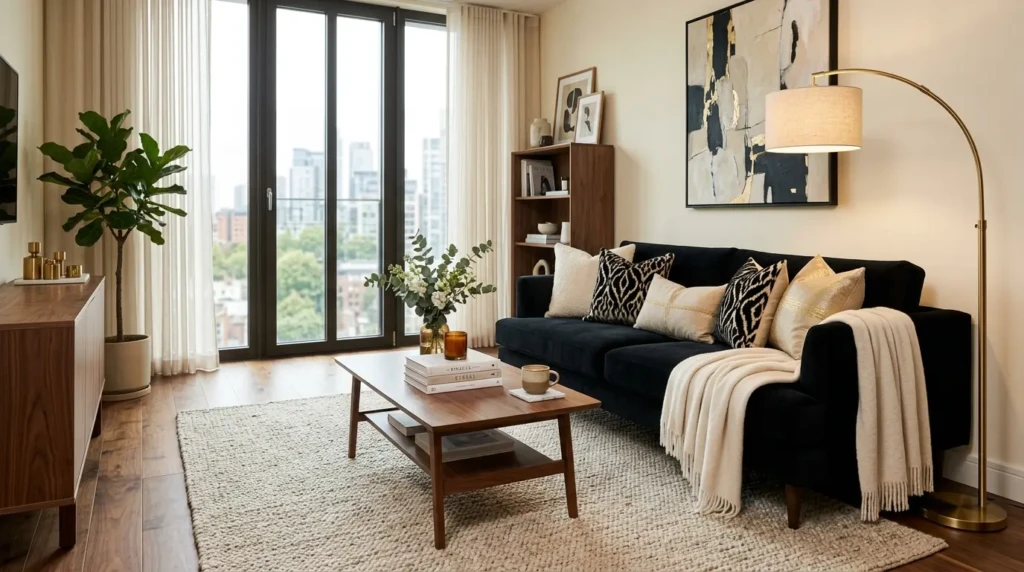 Black sofa living room decor with cream walls, walnut furniture, brass lamp, and textured neutral rug.