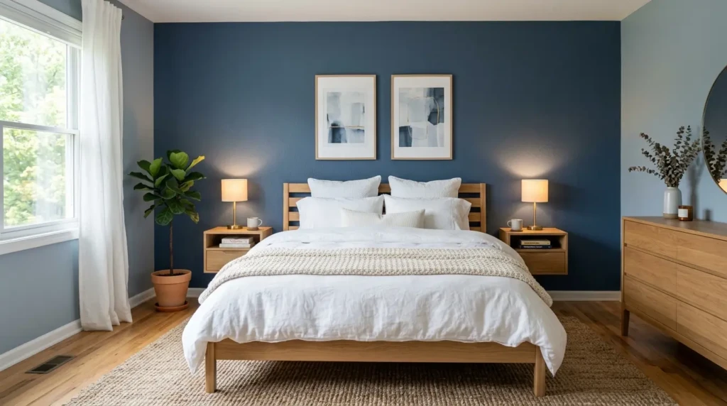 Contemporary bedroom with navy blue accent wall, white bedding, wooden furniture, and warm bedside lights.