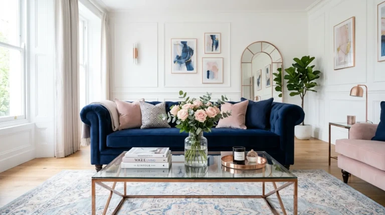 Blue living room decor with navy velvet sofa, blush roses, rose gold accents, and elegant modern coffee table styling.