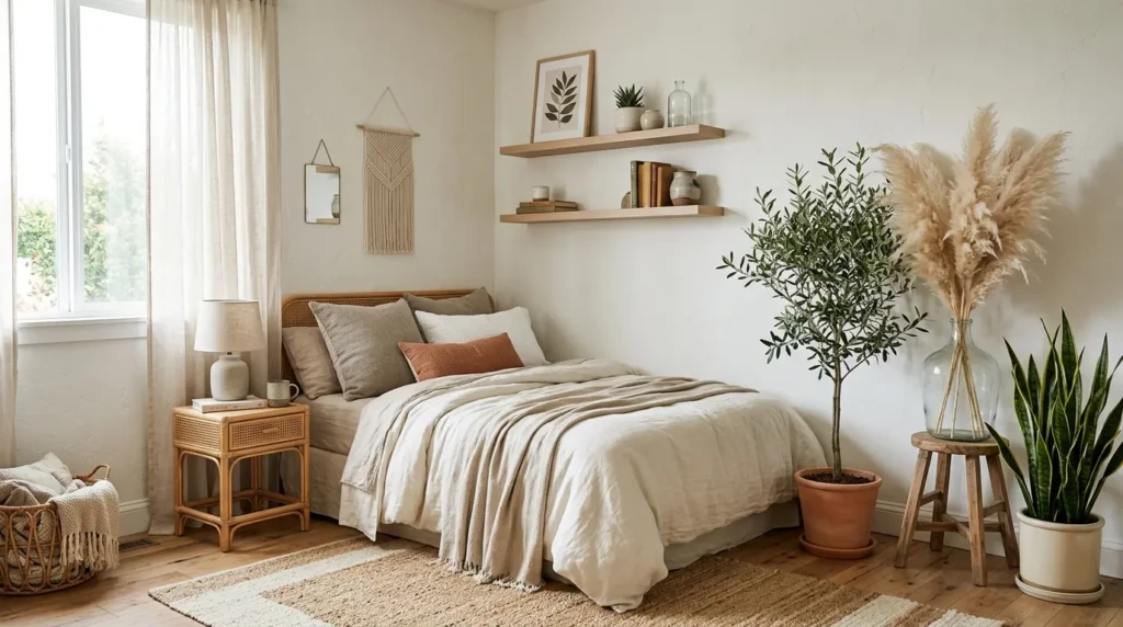 Modern boho bedroom corner decorated with snake plant, olive tree, pampas grass, and floating wooden shelves.
