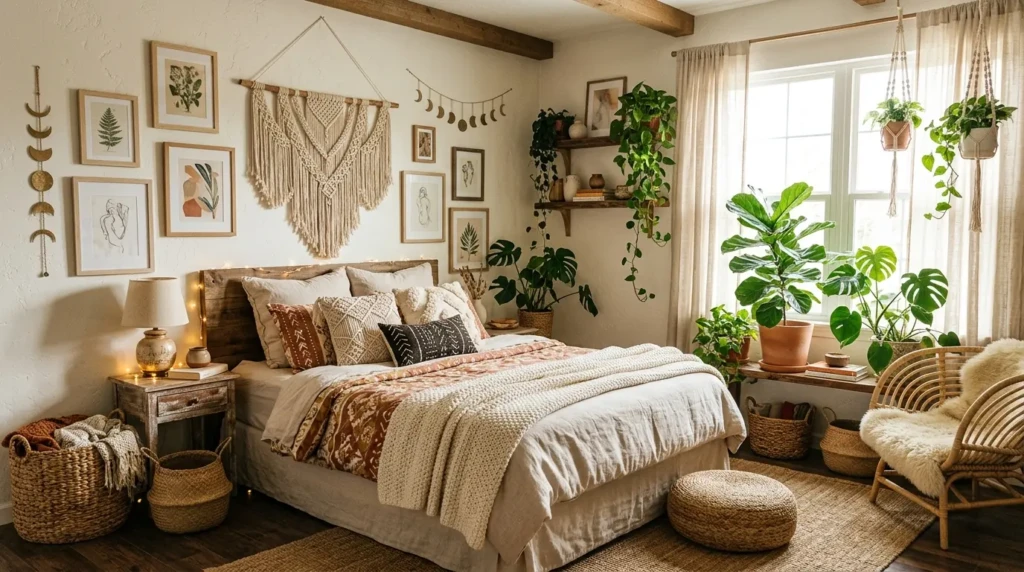 A boho bedroom decorated with macrame wall hangings, woven baskets, indoor plants, and warm lighting