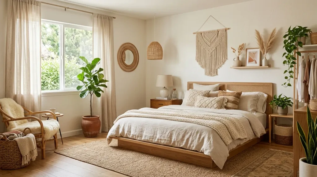 A modern boho bedroom featuring neutral tones, layered textiles, indoor plants, and a cozy relaxing atmosphere